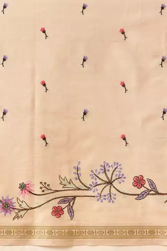 Beige embroidered silk blend festive saree with blouse piece
