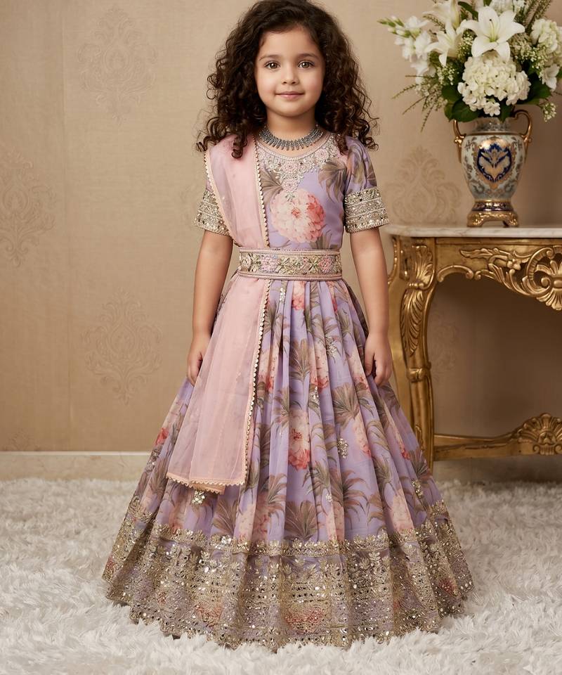 lavender heavy fox georgette gown set with digital print work with embroidered sequnce work - designer party wear