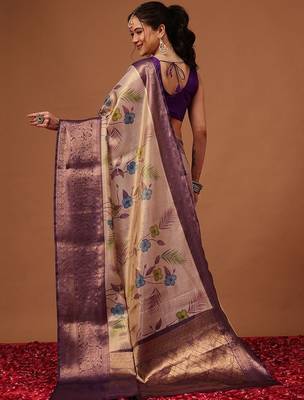 Cream printed art silk ethnic saree with blouse piece 2