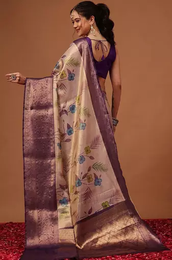 Cream printed art silk ethnic saree with blouse piece