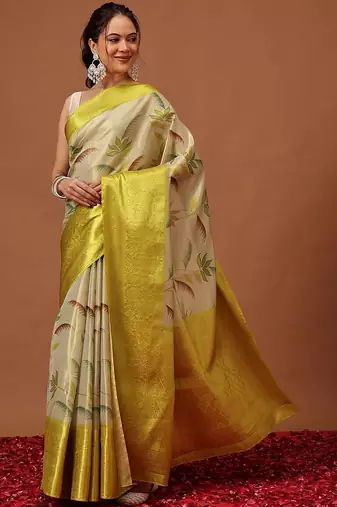 Cream printed art silk ethnic saree with blouse piece