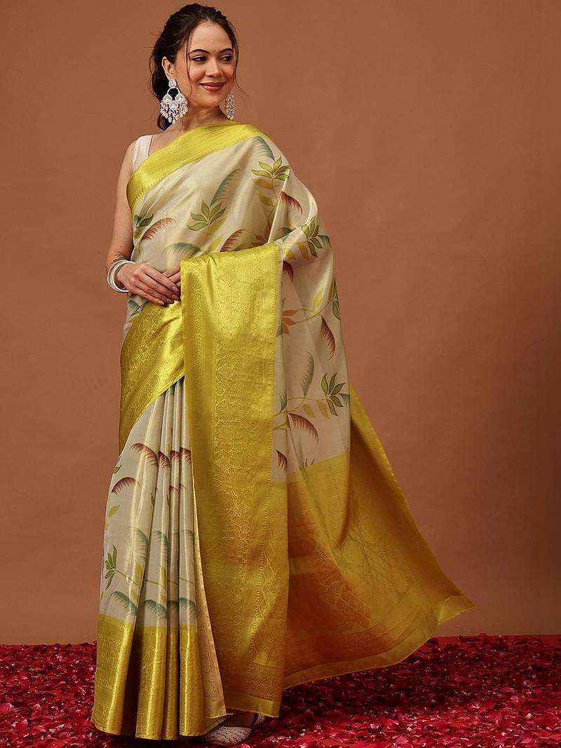 Cream printed art silk ethnic saree with blouse piece