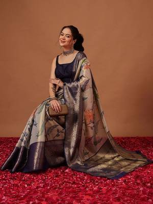 Cream printed art silk ethnic saree with blouse piece 3