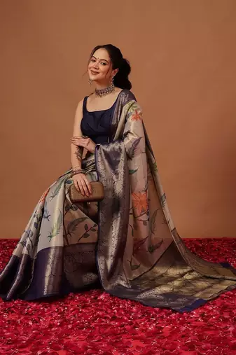Cream printed art silk ethnic saree with blouse piece
