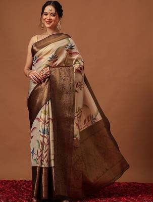 Cream printed art silk ethnic saree with blouse piece 1