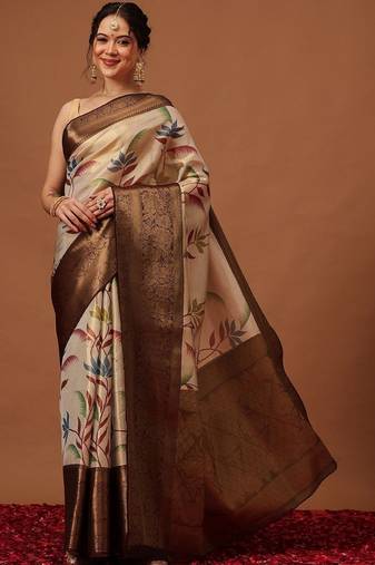 Cream printed art silk ethnic saree with blouse piece