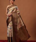 Cream printed art silk ethnic saree with blouse piece