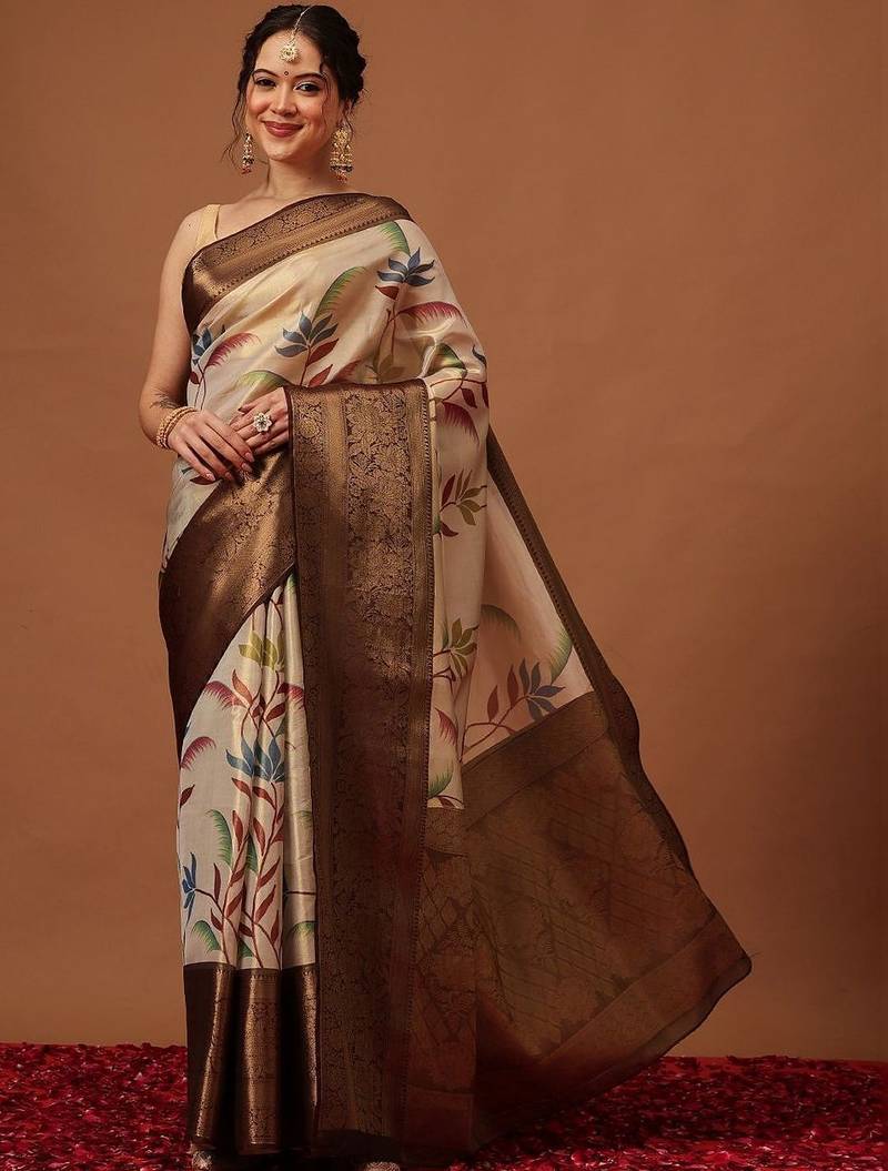 Cream printed art silk ethnic saree with blouse piece
