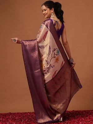 Cream printed art silk ethnic saree with blouse piece 2