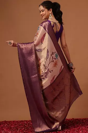 Cream printed art silk ethnic saree with blouse piece