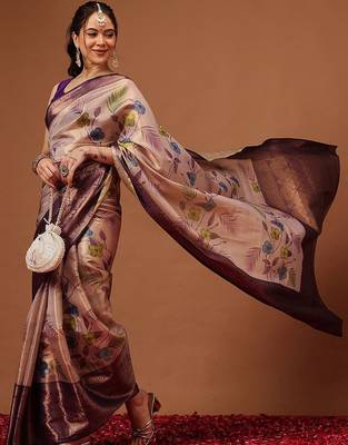 Cream printed art silk ethnic saree with blouse piece 3