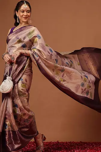 Cream printed art silk ethnic saree with blouse piece