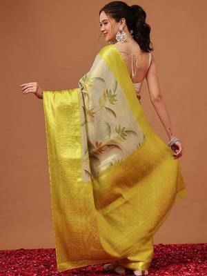 Cream printed art silk ethnic saree with blouse piece 2