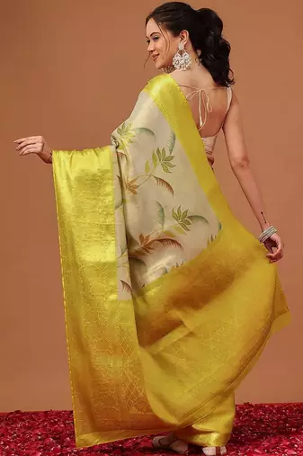 Cream printed art silk ethnic saree with blouse piece