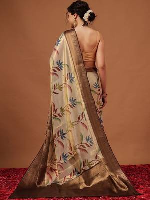 Cream printed art silk ethnic saree with blouse piece 2