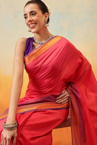 Red printed art silk ethnic saree with blouse piece
