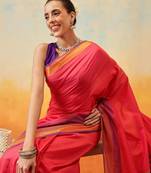Red printed art silk ethnic saree with blouse piece