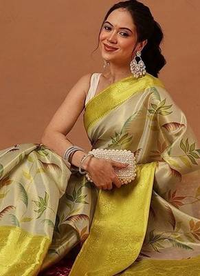 Cream printed art silk ethnic saree with blouse piece 3