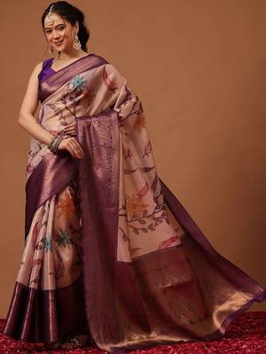 Cream printed art silk ethnic saree with blouse piece 3