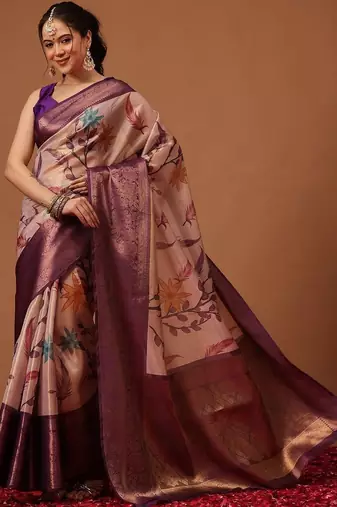 Cream printed art silk ethnic saree with blouse piece