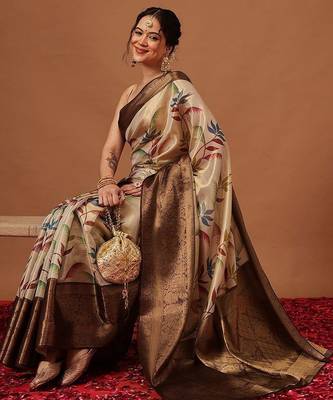Cream printed art silk ethnic saree with blouse piece 3