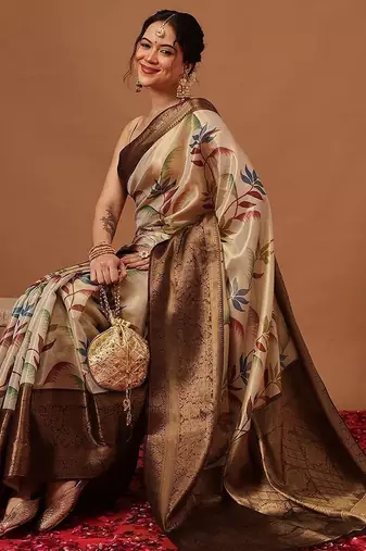 Cream printed art silk ethnic saree with blouse piece