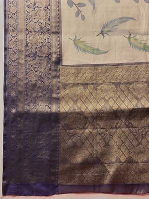 Cream printed art silk ethnic saree with blouse piece 5