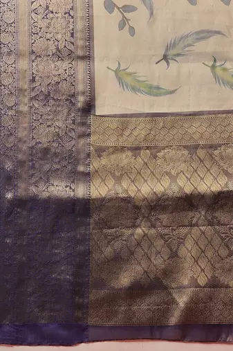 Cream printed art silk ethnic saree with blouse piece