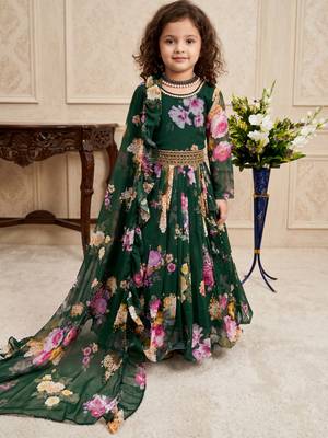 green heavy faux georgette  gown set with digital print work - designer party wear 1