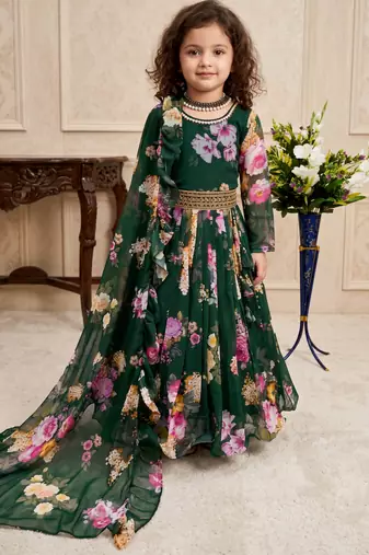 green heavy faux georgette  gown set with digital print work - designer party wear