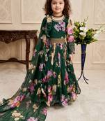 green heavy faux georgette  gown set with digital print work - designer party wear