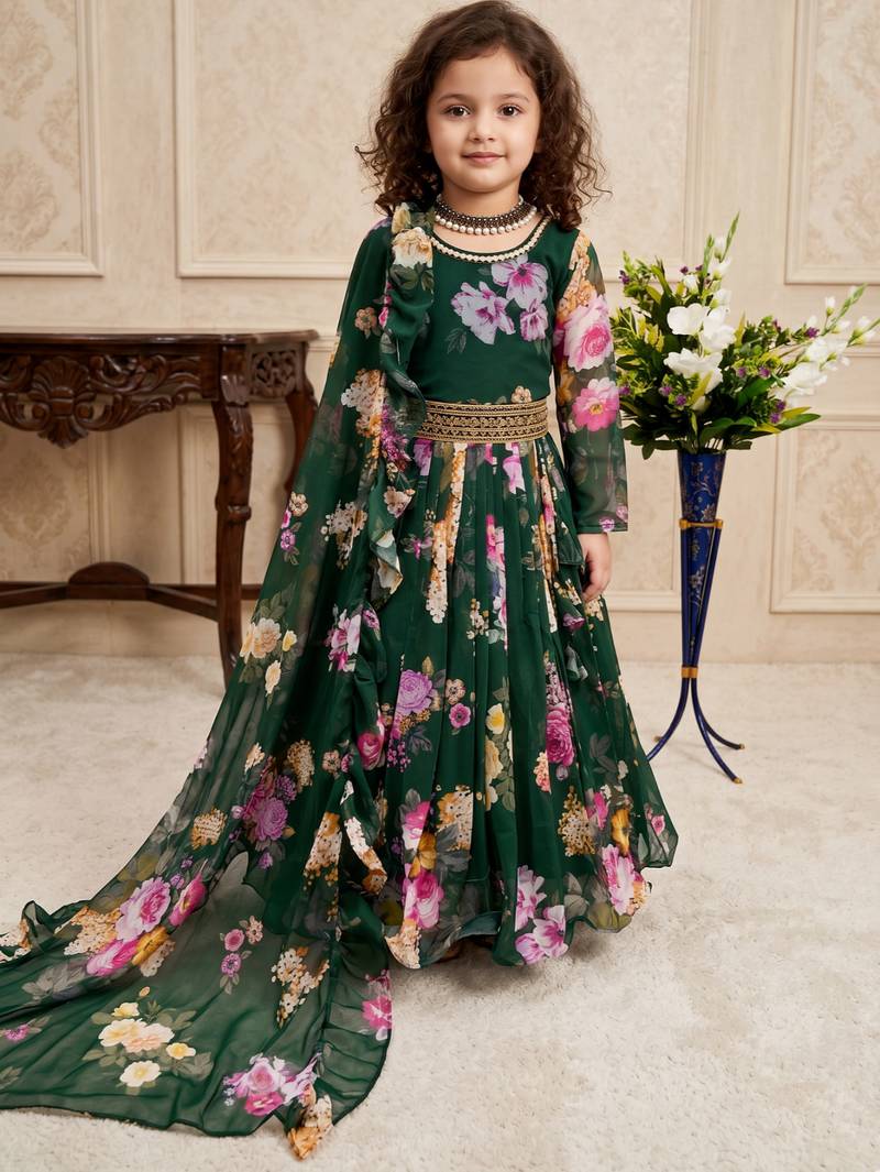 green heavy faux georgette  gown set with digital print work - designer party wear