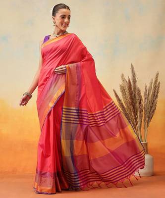 Red printed art silk ethnic saree with blouse piece 2
