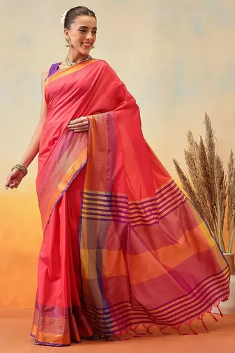 Red printed art silk ethnic saree with blouse piece
