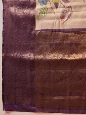 Cream printed art silk ethnic saree with blouse piece 5