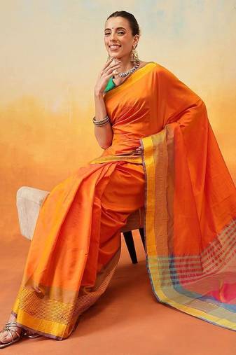 Orange plain art silk traditional saree with blouse piece