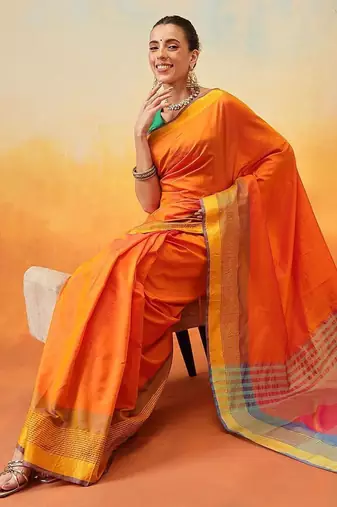 Orange plain art silk traditional saree with blouse piece