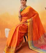 Orange plain art silk traditional saree with blouse piece