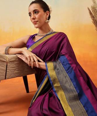 Purple plain art silk traditional saree with blouse piece 1