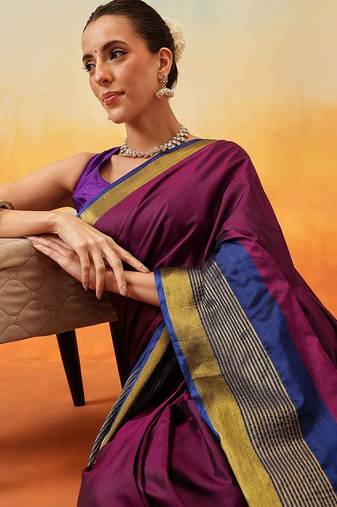 Purple plain art silk traditional saree with blouse piece