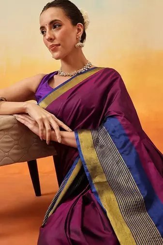 Purple plain art silk traditional saree with blouse piece