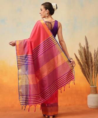 Red printed art silk ethnic saree with blouse piece 3