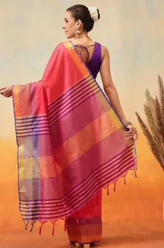Red printed art silk ethnic saree with blouse piece