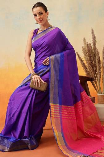 Blue plain art silk traditional saree with blouse piece