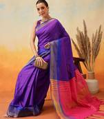 Blue plain art silk traditional saree with blouse piece