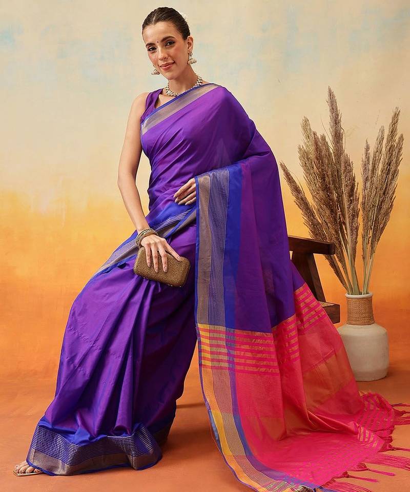 Blue plain art silk traditional saree with blouse piece