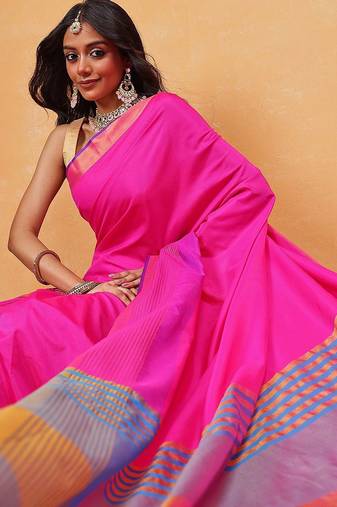 Pink plain art silk traditional saree with blouse piece