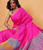 Pink plain art silk traditional saree with blouse piece