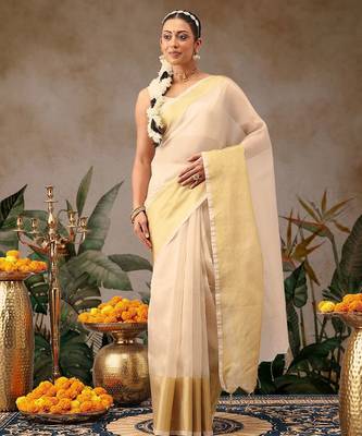 Off white woven silk blend ethnic saree with blouse piece 1