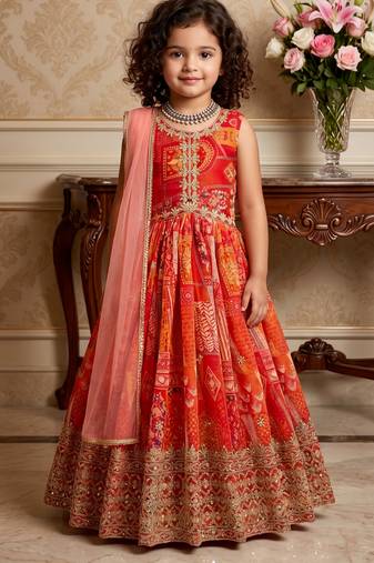 red heavy fox georgette gown set with digital print work with embroidered sequnce work - designer party wear